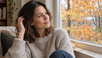 Vrouw bij het raam in de herfst die door haar haar strijkt, haaruitval in de herfst