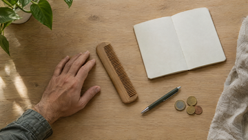 Hand naast een houten kam, notitieboekje, pen en euromunten op een eikenhouten tafel, minoxidil van Kruidvat of Kirkland op prijs vergelijken